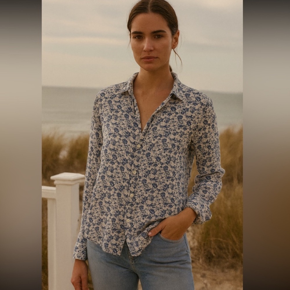 Frank and Eileen Eileen Relaxed Button Up Shirt Floral Blue Modal Soft Top